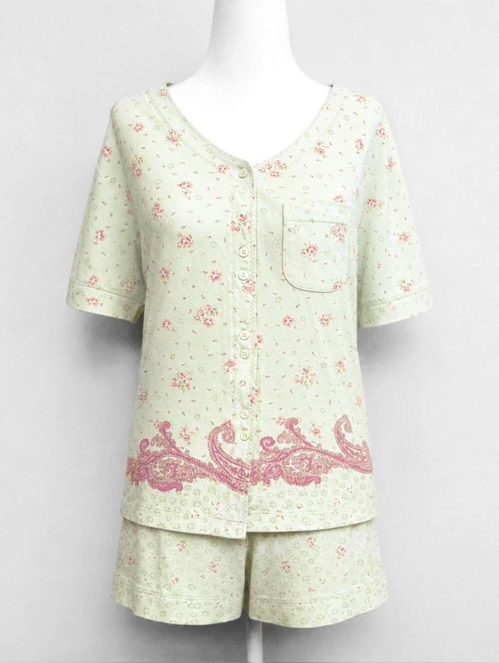 Secret Treasures Pastel Green Floral Button Up Top & Shorts Sleep Set | Size L